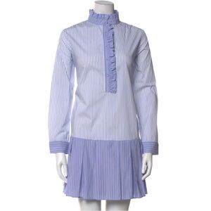 Tuckernuck Tate Linen Blend Blue & White Striped Ruffle-Neck Shirt Dress